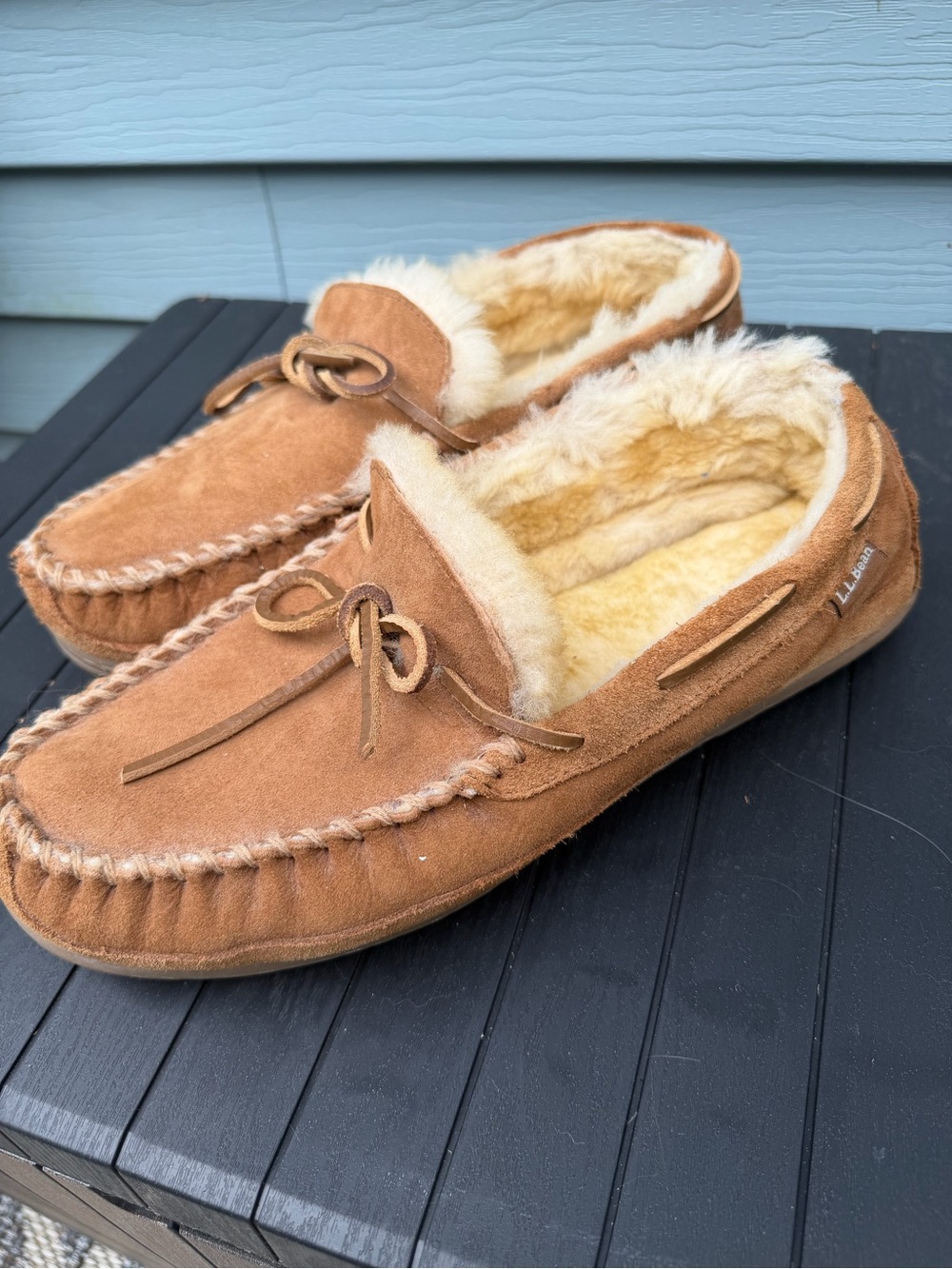 LL Bean Men's Brown Suede Wicked Good Shearling Lined Moccasin Slippers Size 11